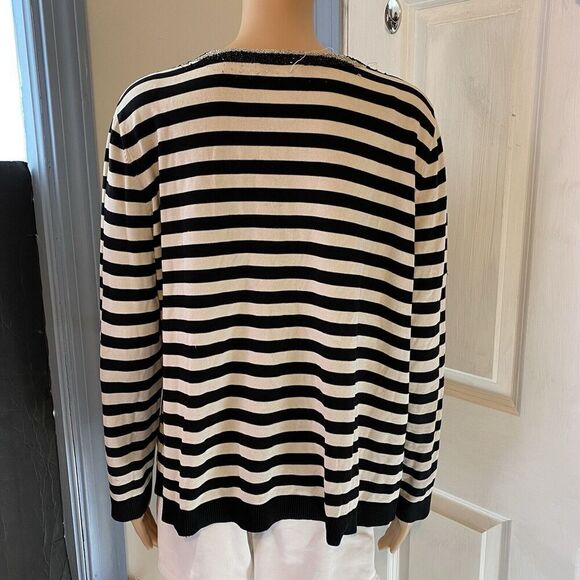 Vintage Talbots Knit Sweater Women Plus 1X Silk Nylon Black White Striped VNeck - Picture 9 of 9